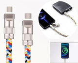 Multicolor USB charging cable lanyard designed to secure and protect a smartphone case while traveling or commuting
