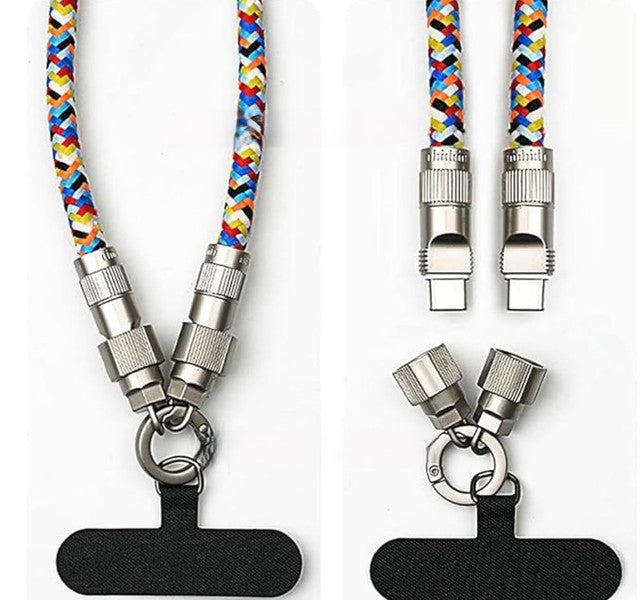 Multicolor USB charging cable lanyard designed to secure and protect a smartphone case while traveling or commuting