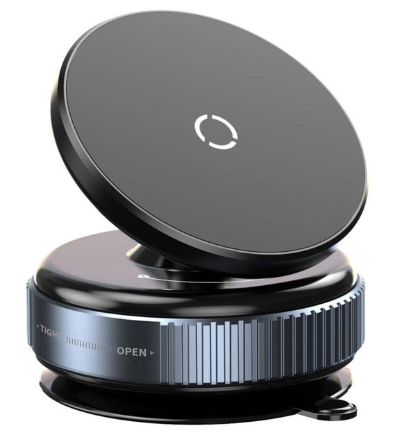 Black magnetic phone holder for car dashboard, adjustable viewing angle, and space-saving design