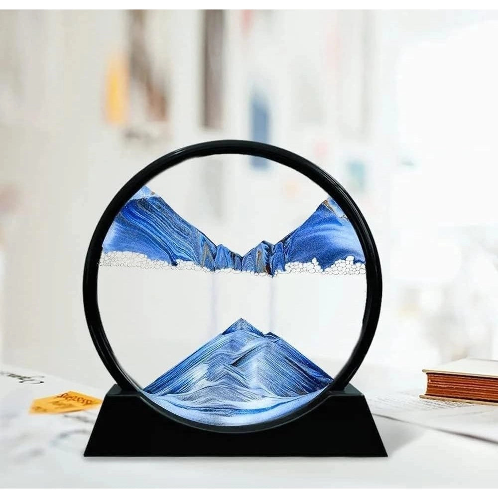 { "alt_text": "Blue glass sandscape art quicksand frame, 3D deep sea sand decoration, home decor gift" }