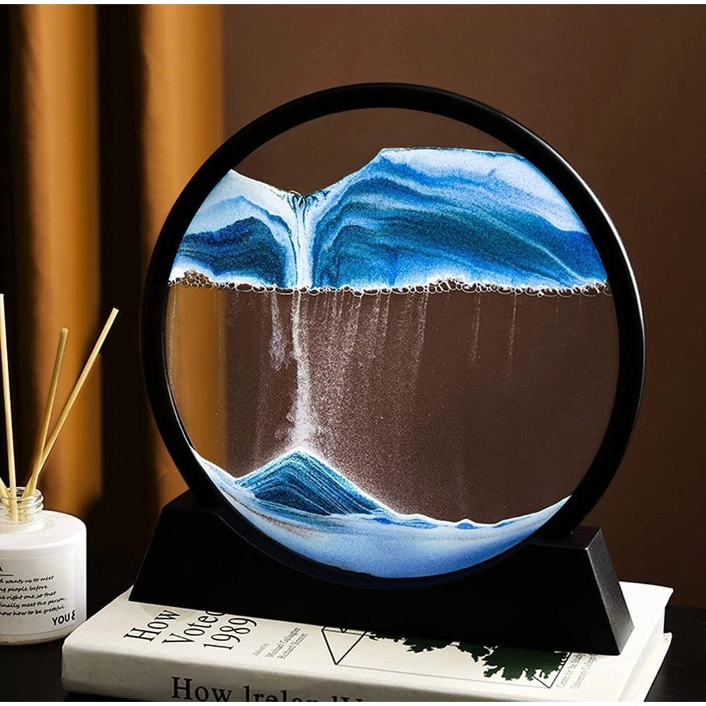 { "alt_text": "Blue glass sandscape art quicksand frame, 3D deep sea sand decoration, home decor gift" }