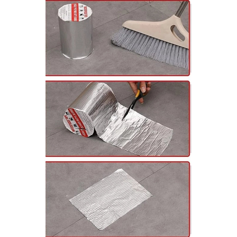 { "alt_text": "Silver aluminum foil tape waterproof sealing strip for pipes, roof leakage, and industrial repairs." }