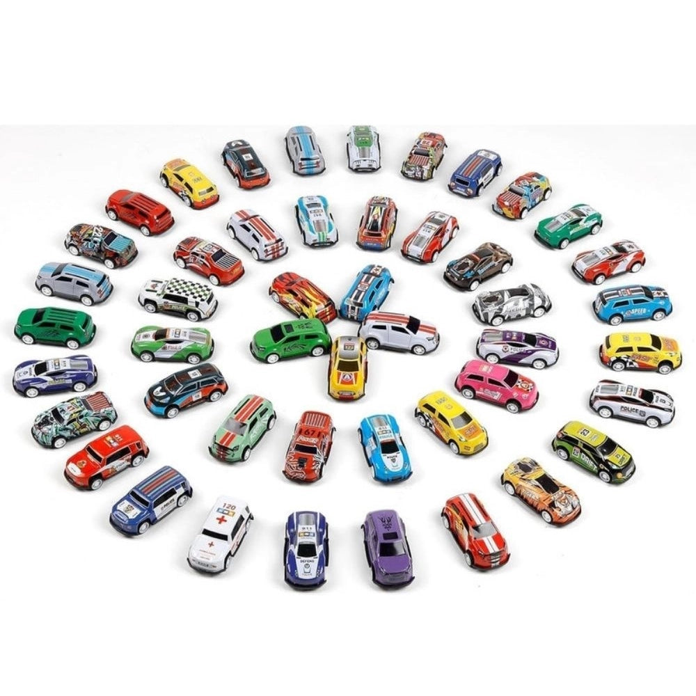 { "alt_text": "Multicolor metal pull back car set of 48 pieces, mini racing police rescue vehicles for kids' play collection" }