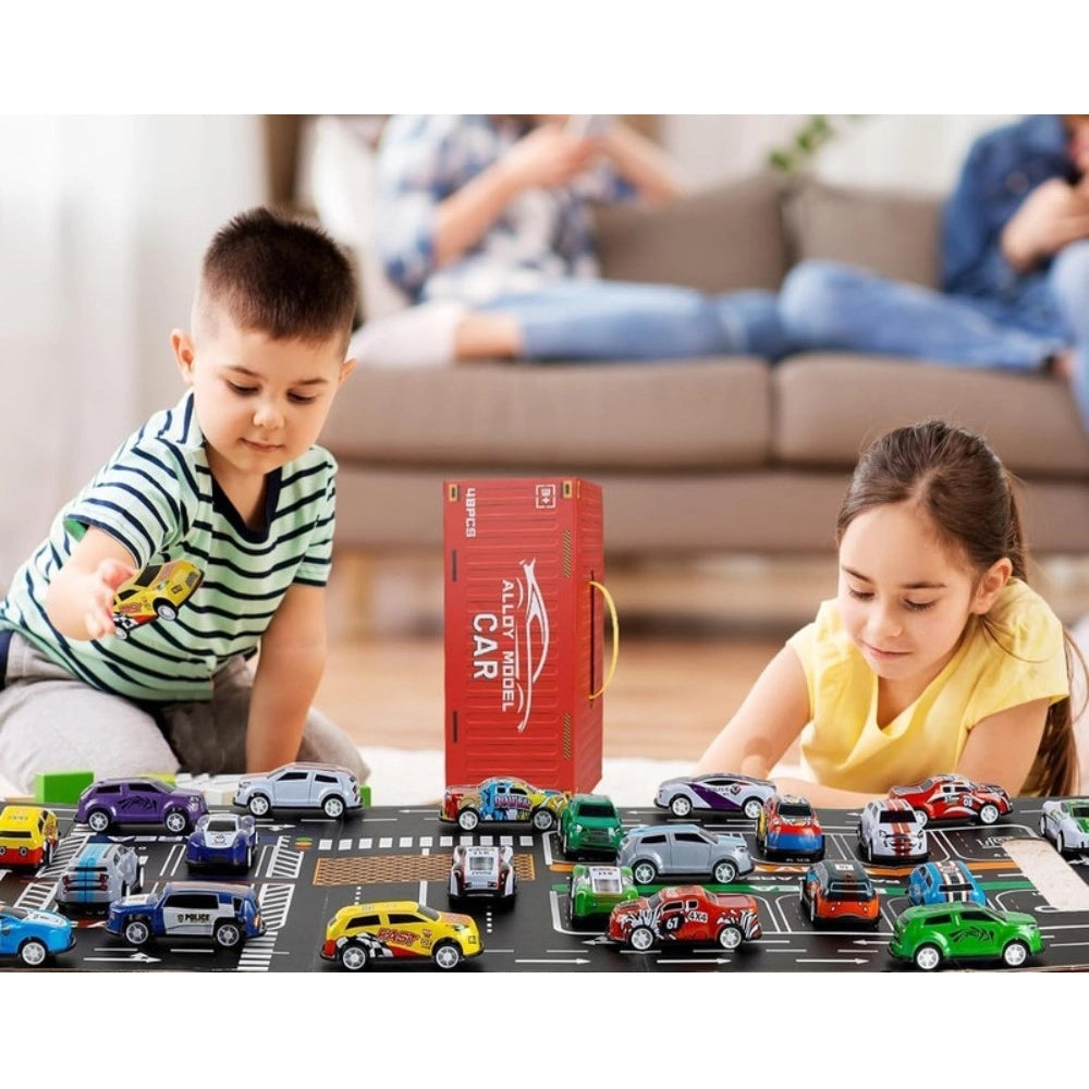 { "alt_text": "Multicolor metal pull back car set of 48 pieces, mini racing police rescue vehicles for kids' play collection" }