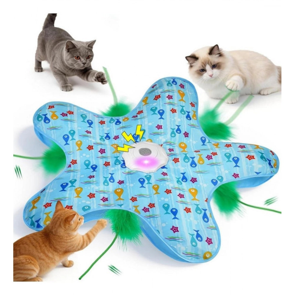 { "alt_text": "Blue fabric cat toy for indoor cats, automatic feather movement, stimulating playtime for kittens" }
