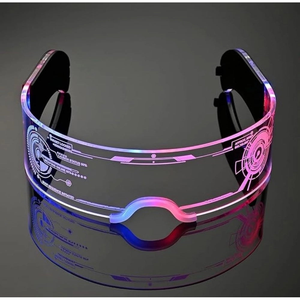 { "alt_text": "Multicolor plastic futuristic LED rave goggles, glow glasses for parties and festivals, honeycomb design" }