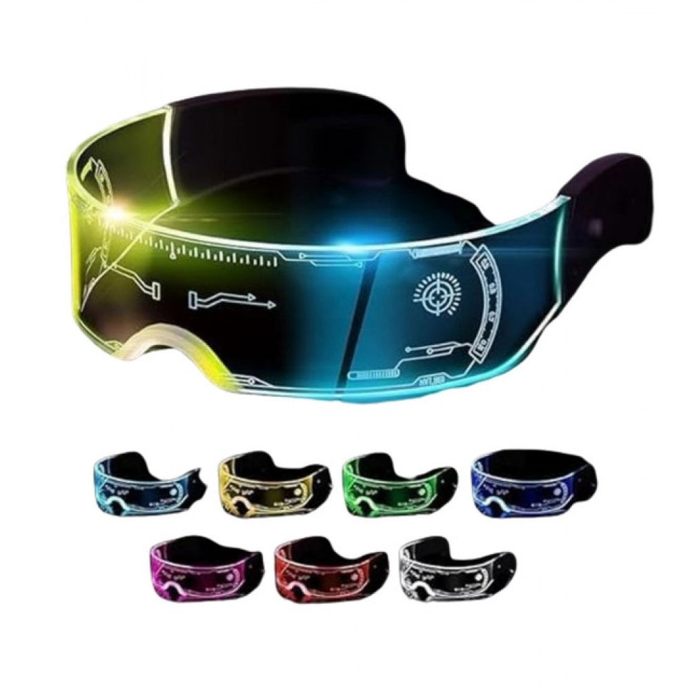 { "alt_text": "Multicolor plastic futuristic LED rave goggles, glow glasses for parties and festivals, honeycomb design" }
