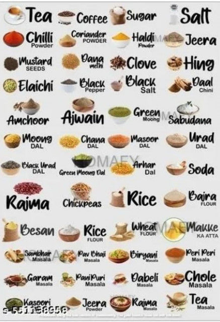 Multicolor kitchen masala sticker pack for identifying Indian spices, dals, flours, and cooking ingredients