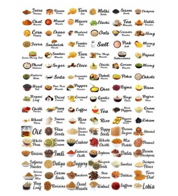 Multicolor kitchen masala sticker pack for identifying Indian spices, dals, flours, and cooking ingredients