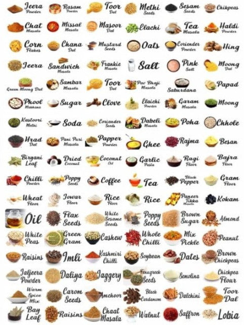 Multicolor kitchen masala sticker pack for identifying Indian spices, dals, flours, and cooking ingredients