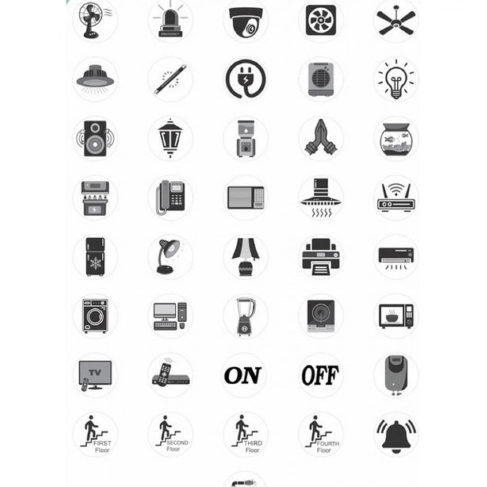 { "alt_text": "Black vinyl switch board stickers for electrical appliance labels, organizing home office kitchen decor" }
