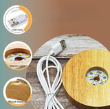 Multicolor crystal night lamp with glass celestial ball and wooden base, powered by USB