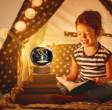 Multicolor crystal night lamp with glass celestial ball and wooden base, powered by USB