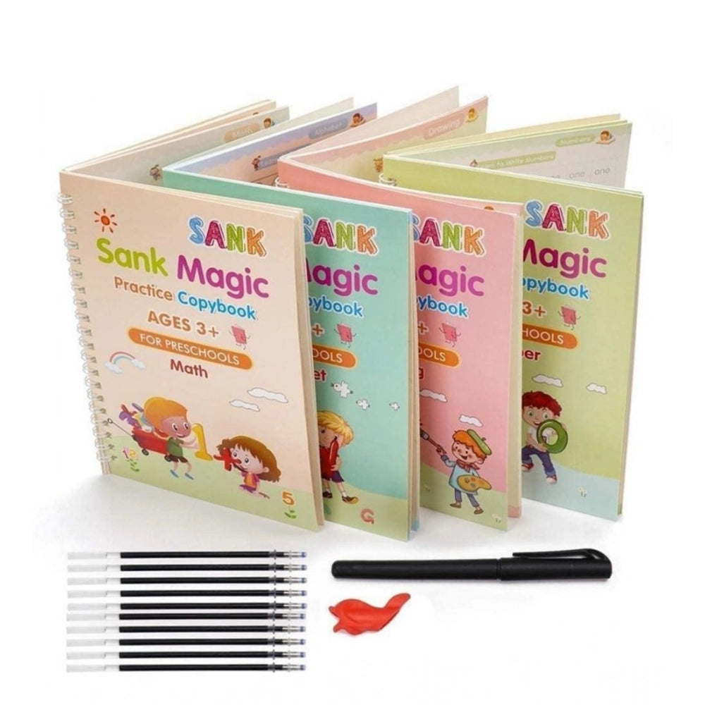 { "alt_text": "Multicolor magic book pack of 3 reusable learning workbook for preschoolers, counting letters shapes practice" }