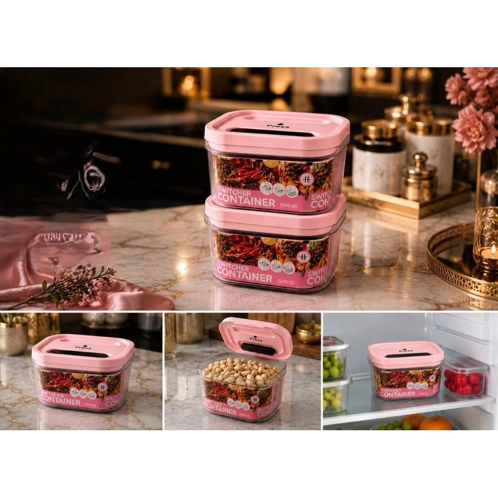 Pink plastic airtight storage container set, pack of 2, 500ML capacity for food storage