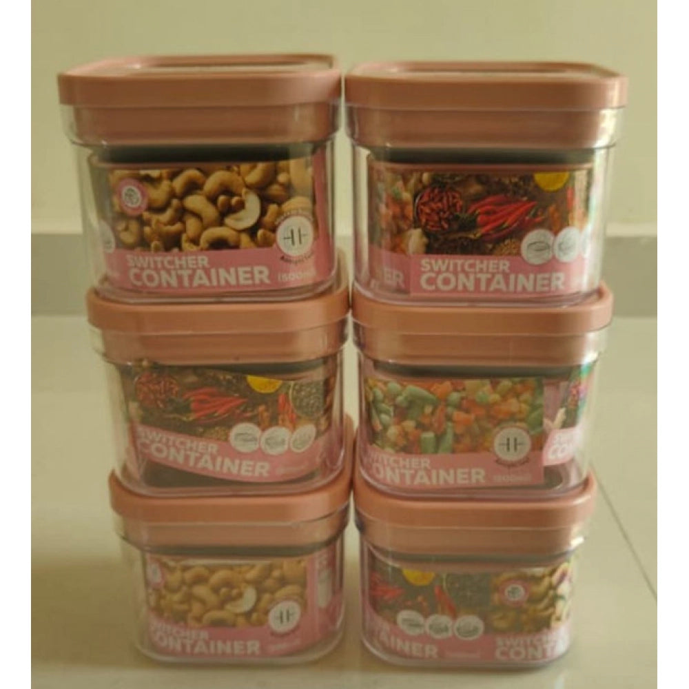 Airtight pink plastic storage containers set (6 pieces, 500ml) for kitchen or pantry use with press-and-push closures