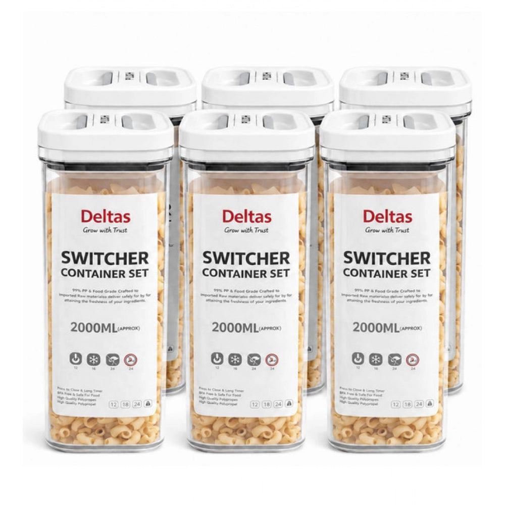 White plastic airtight storage container set (2000ml), pack of 6 for efficient food preservation