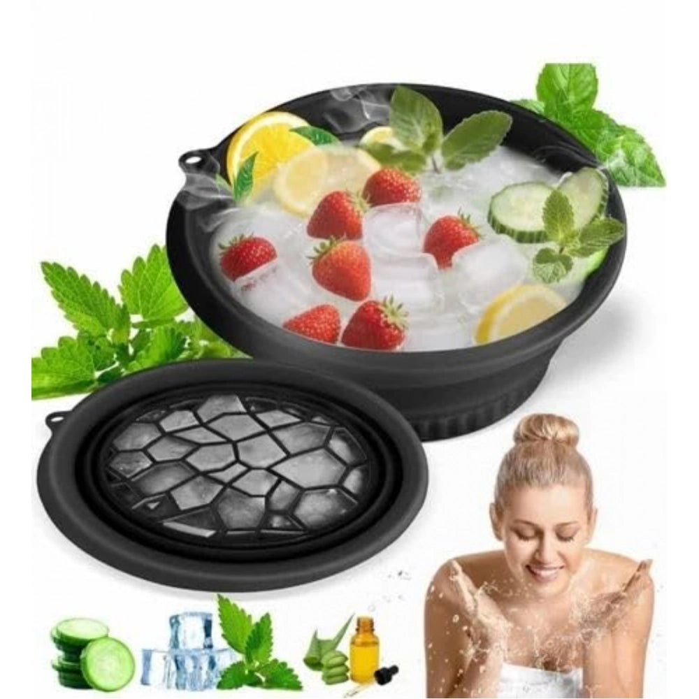 { "alt_text": "Black silicone facial ice bowl for pore tightening, puffiness relief, and post-workout recovery on travel kit" }