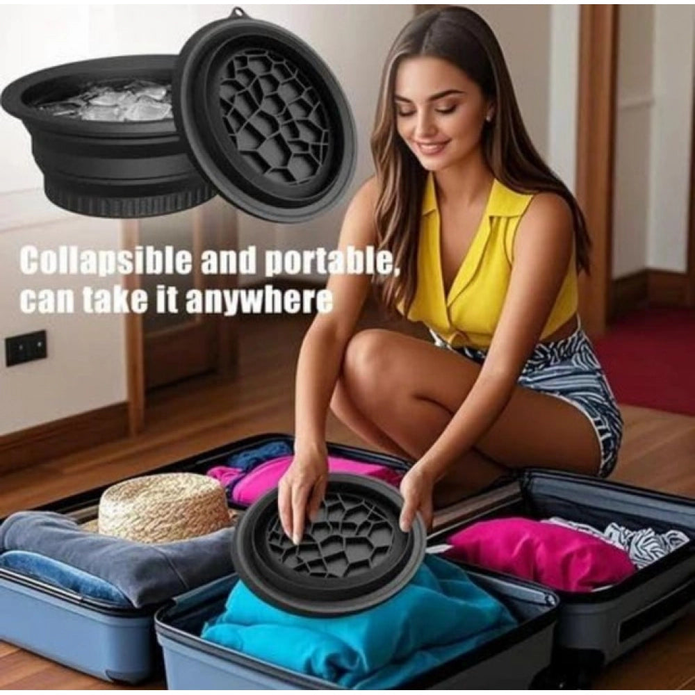 { "alt_text": "Black silicone facial ice bowl for pore tightening, puffiness relief, and post-workout recovery on travel kit" }