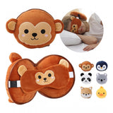 { "alt_text": "Multicolor fabric travel pillow set with eye mask, comfortable sleep aid for sensitive skin, featuring animal designs" }