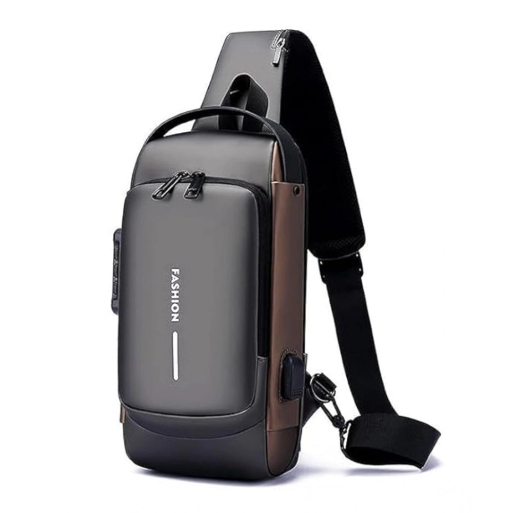 Waterproof black sling backpack with adjustable strap, USB charging port, multiple pockets, suitable for office, school, outdoor activities, and casual use