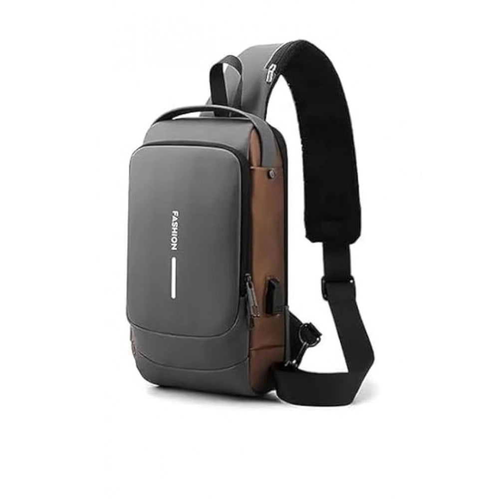 waterproof black sling backpack for men and women with USB charging port, adjustable shoulder strap, multiple pockets, and password lock on outdoor adventure