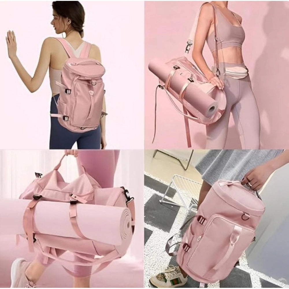 { "alt_text": "Multicolor water-resistant duffle bag backpack for gym travel, featuring shoe compartment and organized storage" }
