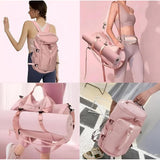 { "alt_text": "Multicolor water-resistant duffle bag backpack for gym travel, featuring shoe compartment and organized storage" }