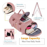 { "alt_text": "Multicolor water-resistant duffle bag backpack for gym travel, featuring shoe compartment and organized storage" }