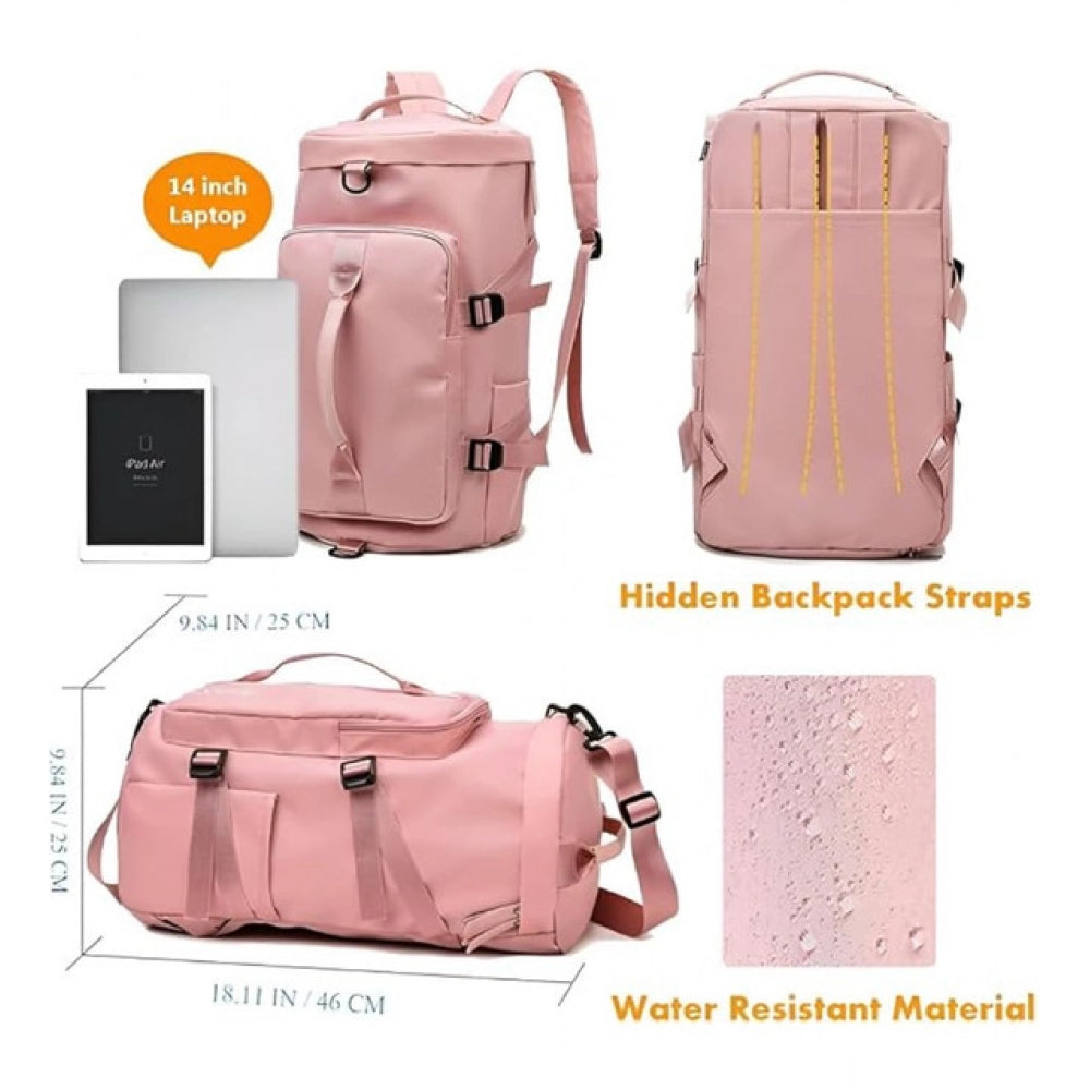 { "alt_text": "Multicolor water-resistant duffle bag backpack for gym travel, featuring shoe compartment and organized storage" }