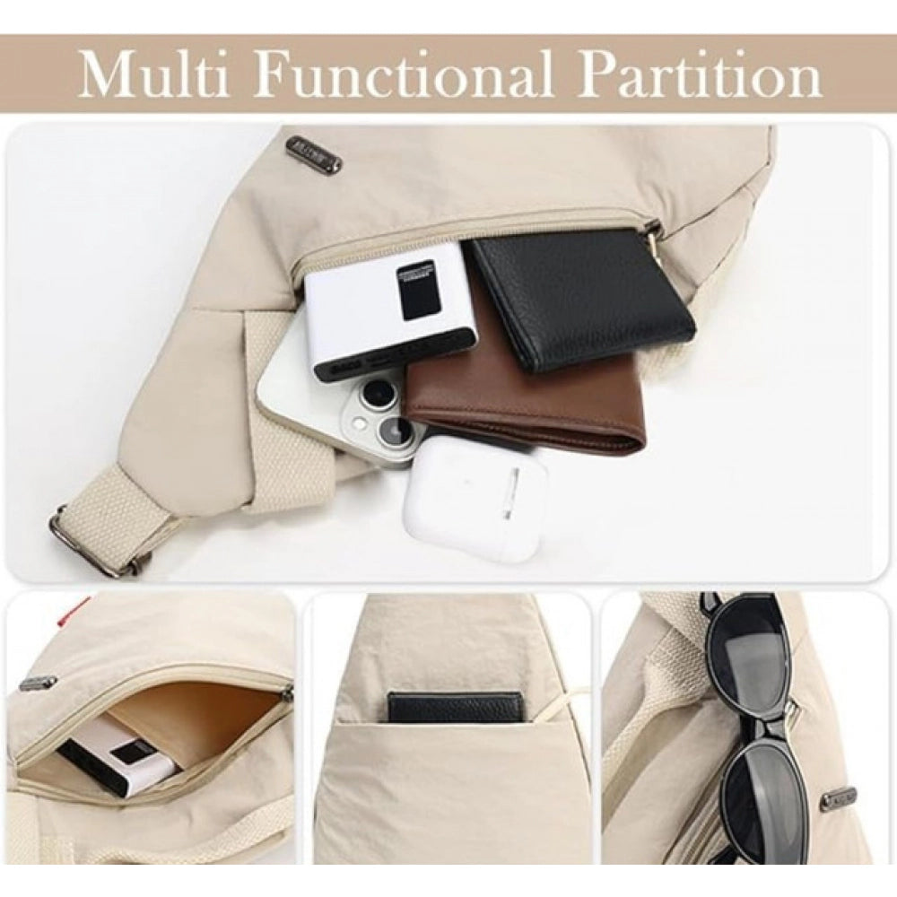 { "alt_text": "Off-white nylon chest bag unisex crossbody bags for women, stylish travel accessory for daily wear" }