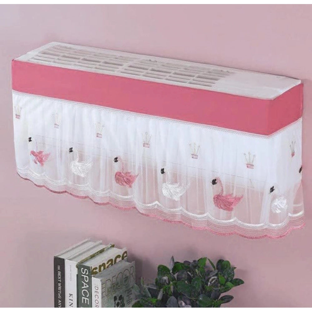 { "alt_text": "Pink-white polyester air conditioner cover for 1 and 1.5 ton AC unit, durable embroidered household appliance decor" }