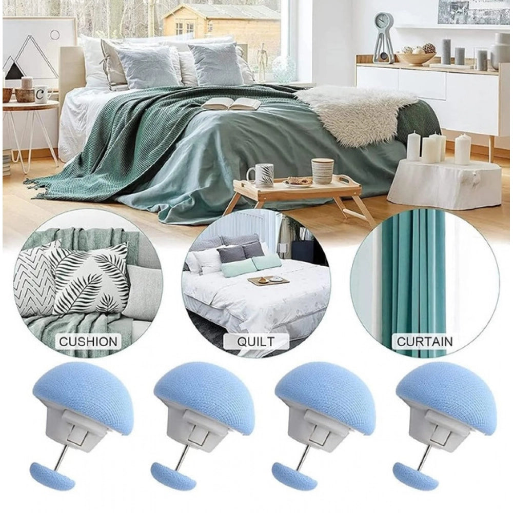 { "alt_text": "Blue metal duvet clips set of 5, round button pins for securing quilts, blankets, and curtains" }