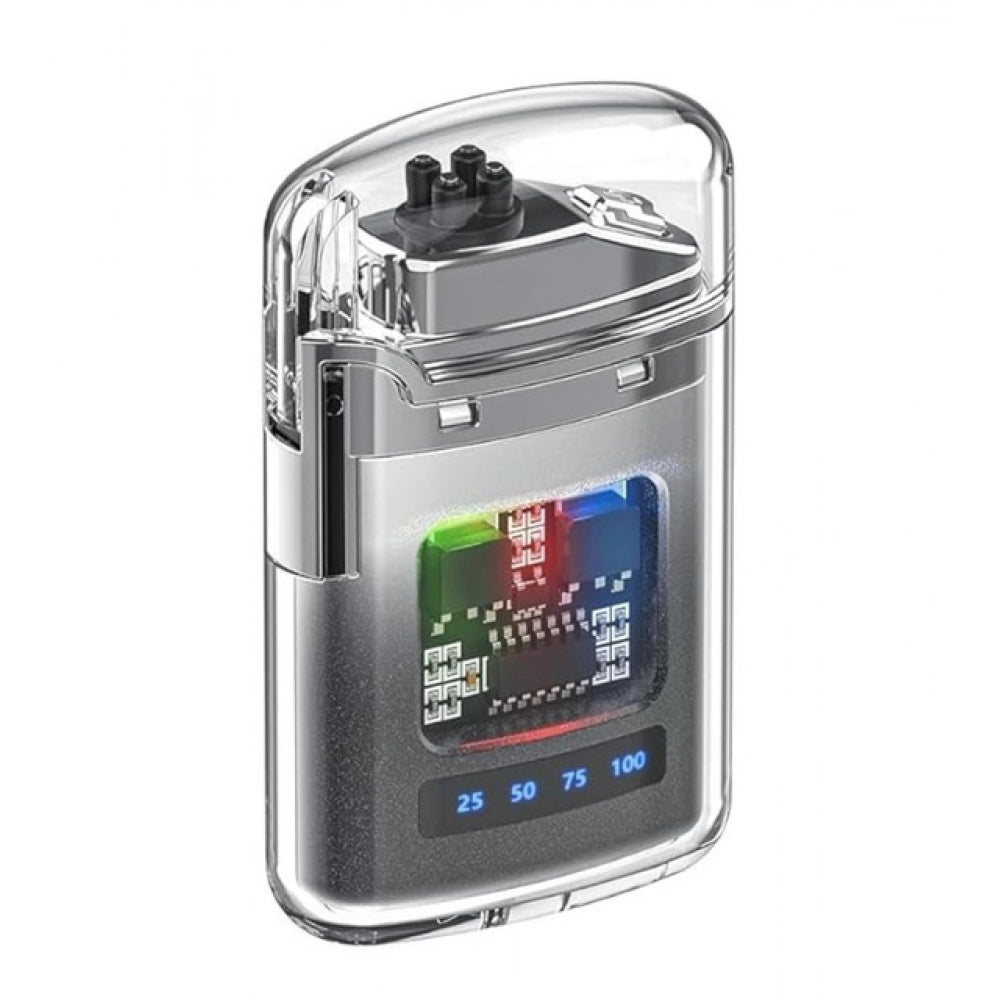 { "alt_text": "Silver metal electric gas lighter dual arc plasma technology windproof flameless outdoor camping tool" }