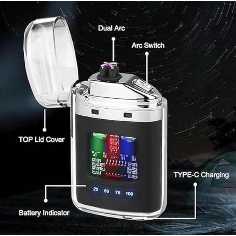 { "alt_text": "Silver metal electric gas lighter dual arc plasma technology windproof flameless outdoor camping tool" }