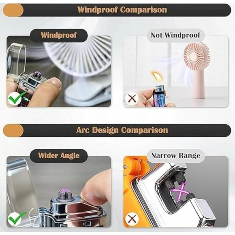 { "alt_text": "Silver metal electric gas lighter dual arc plasma technology windproof flameless outdoor camping tool" }