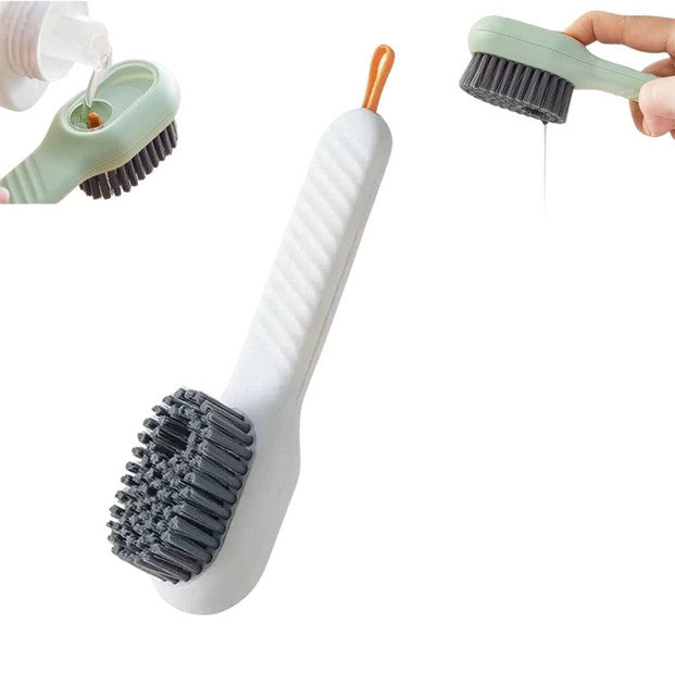 Multicolor soap dispensing cleaning brush with soft fibers and ergonomic long handle for clothes cleaning