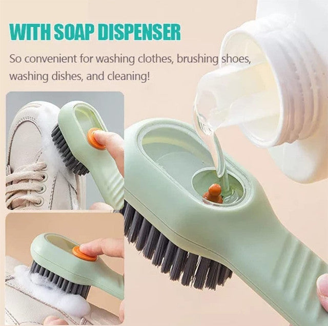 Multicolor soap dispensing cleaning brush with soft fibers and ergonomic long handle for clothes cleaning