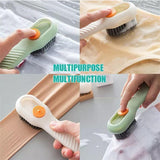 Multicolor soap dispensing cleaning brush with soft fibers and ergonomic long handle for clothes cleaning