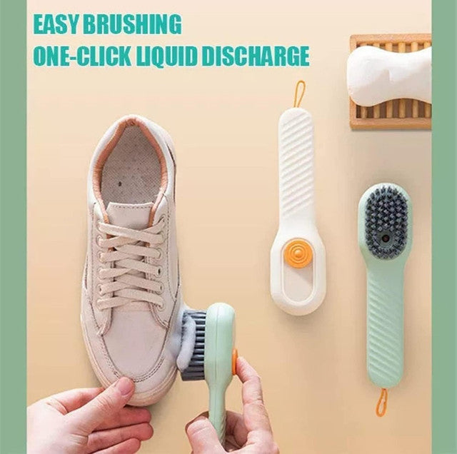 Multicolor soap dispensing cleaning brush with soft fibers and ergonomic long handle for clothes cleaning
