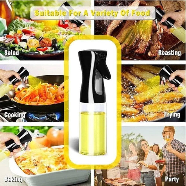 Black glass oil sprayer for cooking, featuring a transparent body and precision nozzle for even oil control