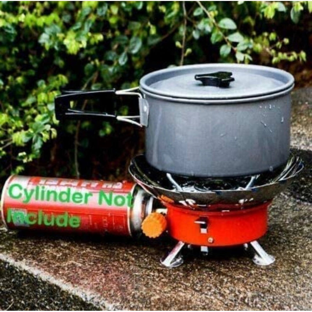 Orange windproof lotus stove for camping & trekking; foldable, lightweight, compact design with carry bag