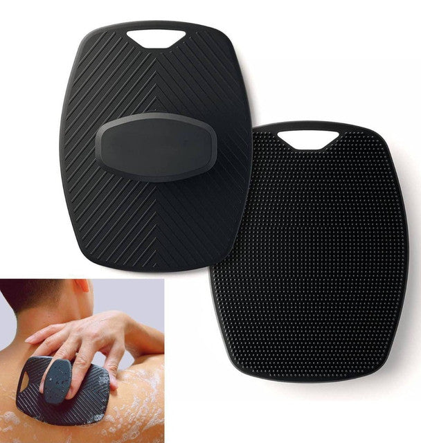 Black silicone body scrubber brush with textured side for body and soft spikes for scalp massage
