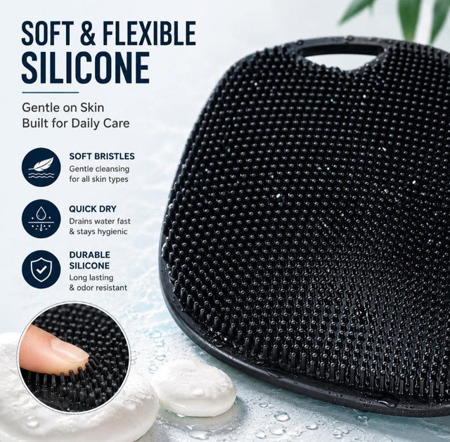 Black silicone body scrubber brush with textured side for body and soft spikes for scalp massage