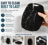 Black silicone body scrubber brush with textured side for body and soft spikes for scalp massage