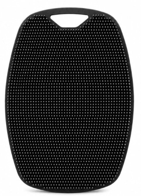 Black silicone body scrubber brush with textured side for body and soft spikes for scalp massage