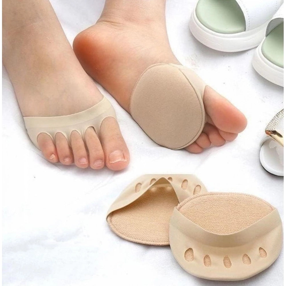 { "alt_text": "Beige knit fabric forefoot pads for women and men, comfortable anti-slip shoe inserts, all-day foot support" }