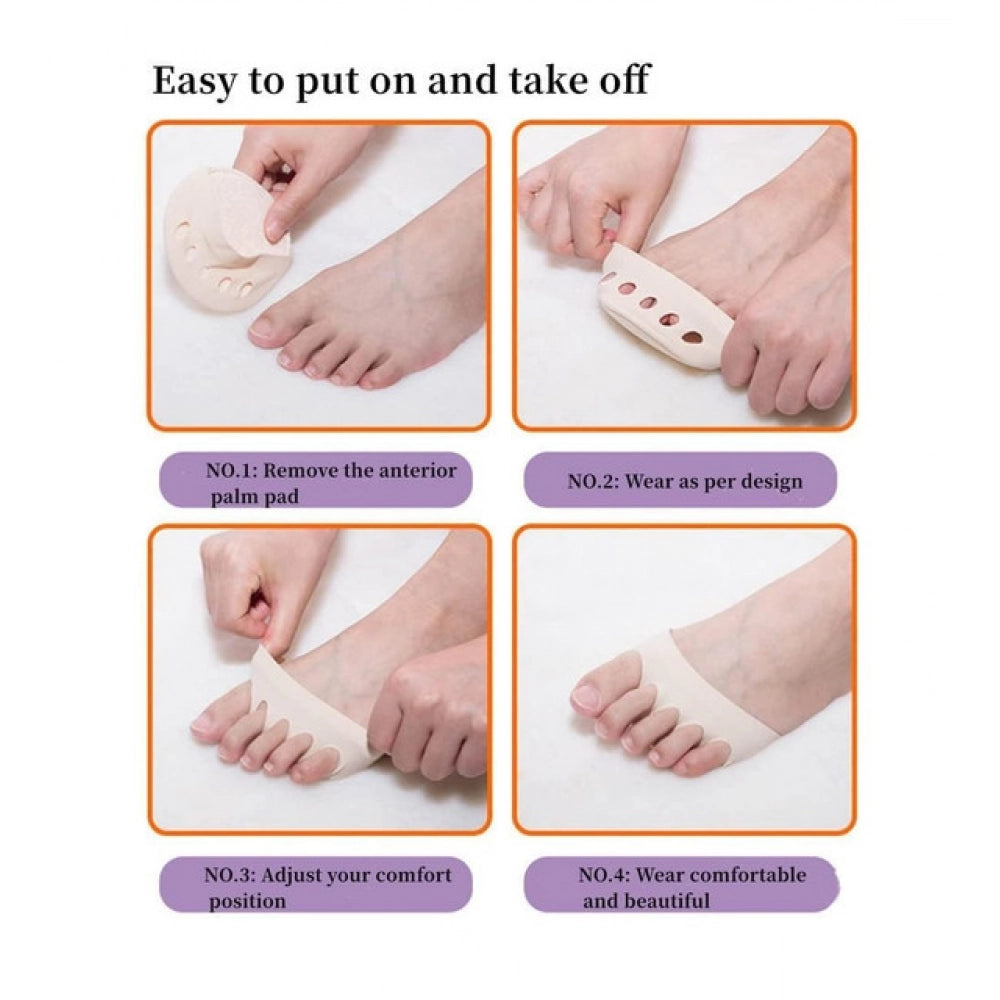 { "alt_text": "Beige knit fabric forefoot pads for women and men, comfortable anti-slip shoe inserts, all-day foot support" }
