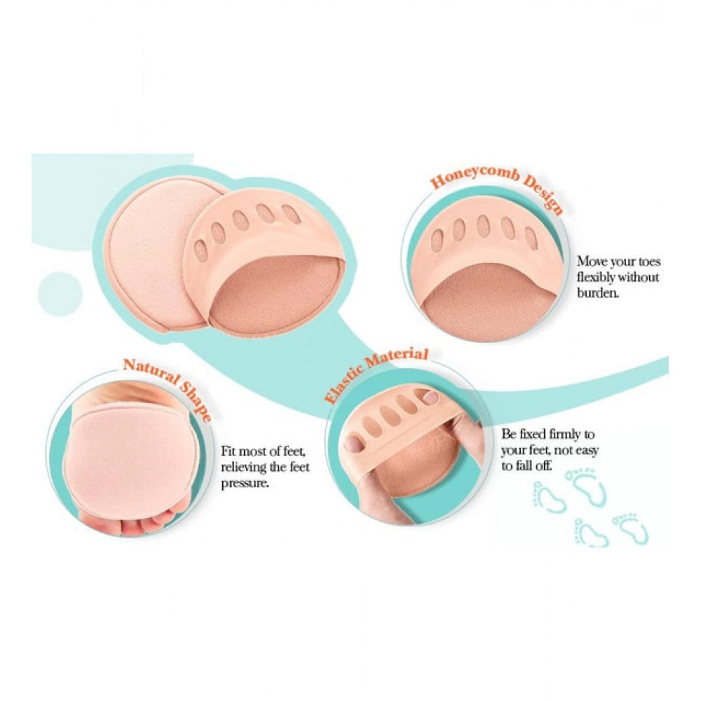 { "alt_text": "Beige knit fabric forefoot pads for women and men, comfortable anti-slip shoe inserts, all-day foot support" }