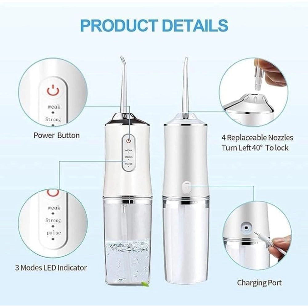 Silver water dental flosser with soft, normal, and pulse modes for sensitive gums and braces care. USB charging, cordless operation, and compact design for home, office, or travel use. Includes multiple nozzles for regular cleaning, braces support, and targeted oral care